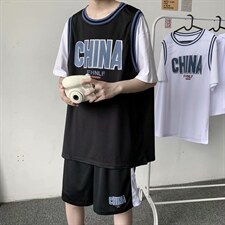 夏季运动套装男ins美式潮牌假两件短袖港风短裤宽松球衣TZ72-p36图片