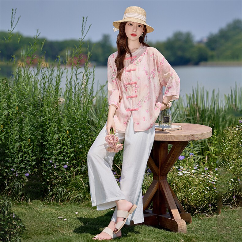 新中式天丝棉麻套装女2026夏季新款粉色印花盘扣衬衫阔腿裤两件套,女装套装/套裙,水衣源