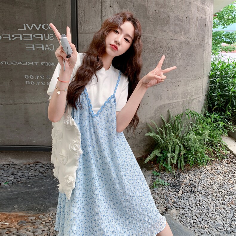 韩系撞色拼接连衣裙女2025夏季新款蓝色碎花设计感假两件T恤裙,女装连衣裙,2C275