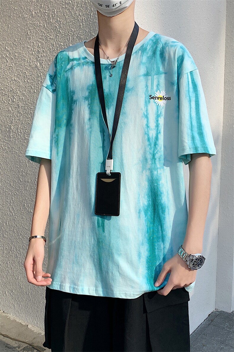 703-T208-P35夏季男士扎染条纹小雏菊印花情侣T恤,男装T恤,星座703