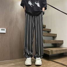 复古条纹垂感宽松直筒冰丝休闲裤新款潮流百搭阔腿裤，男装休闲裤，星座410-7