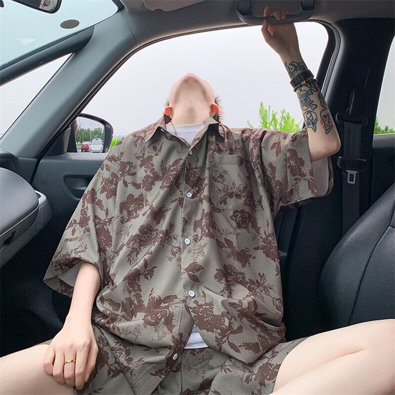 2025夏碎花印花冰丝凉感短袖衬衫薄套装TZ7890/特P45绿色6,男装休闲套装,电商A094