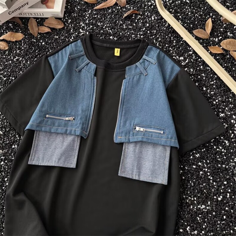 WE1765-P42美式复古拼接假两件垫肩牛仔T恤男，男装T恤，电商B323A