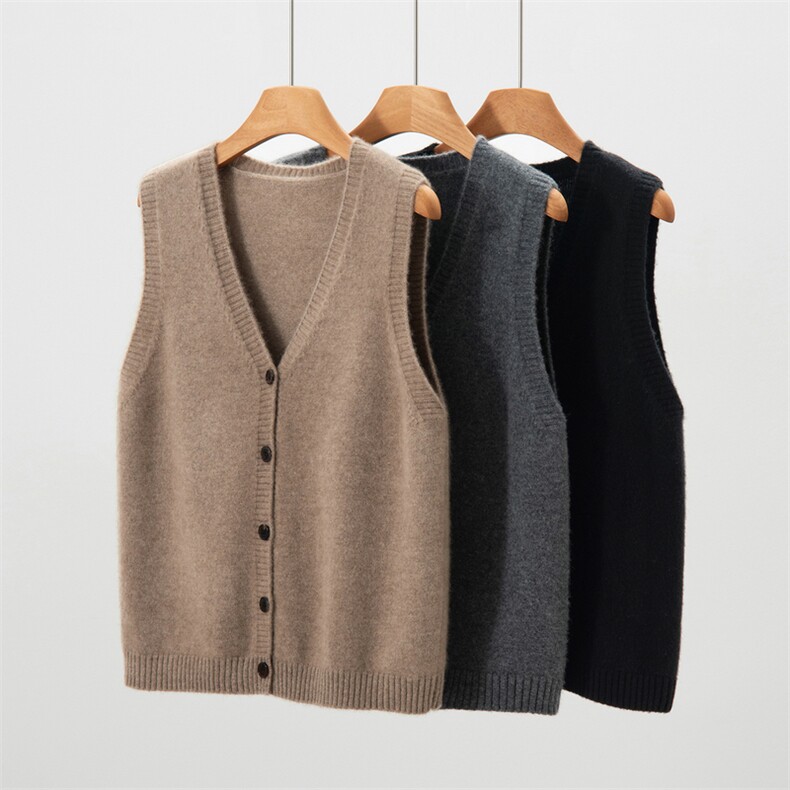 2025年秋季时尚百搭通勤简约休闲双股V领开衫马甲，女装马甲，朝思纯山羊绒