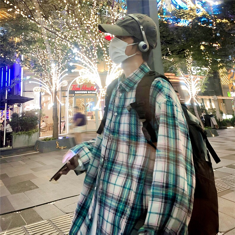 港风夜景小方格长袖翻领衬衫A247-S80P38控55,男装衬衫,电商A247