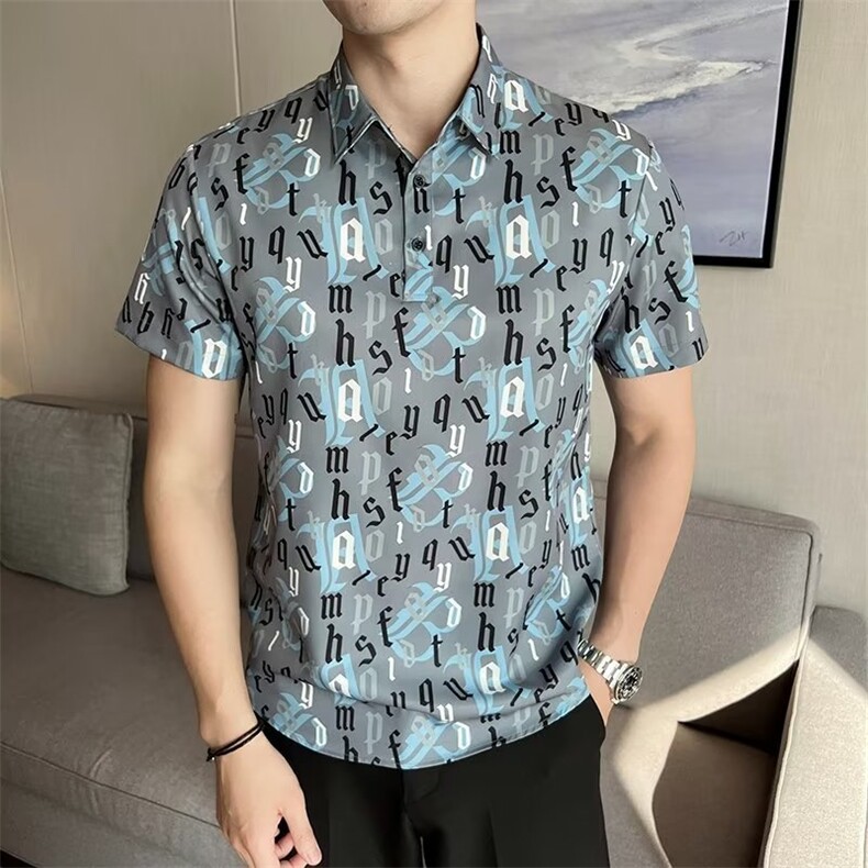 直播抖音商城韩版数码印花POLO衫冰丝弹力T恤T03310B-1P45,男装T恤,星座310B-1