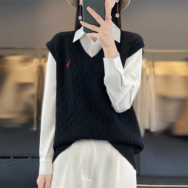 2024秋冬新款羊毛女士V领麻花羊毛背心马甲,女装马甲,润辉羊绒