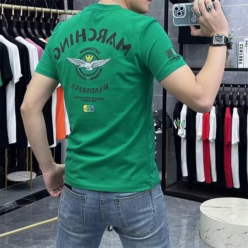 欧货青年2025夏季新品男士字母刺绣潮牌丝光棉圆领短袖T恤男潮ins,男装T恤,电商B212（原钱塘6029）