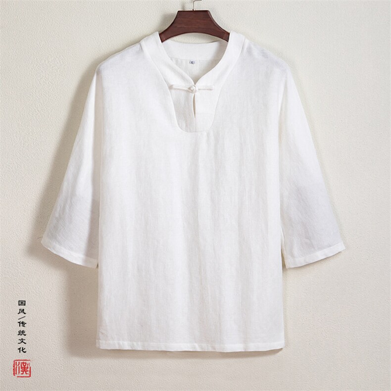 新款风男装七分袖男士棉麻提花禅意男士T恤T215P70图片