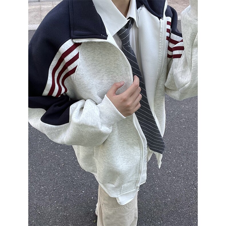 抖音得物高品质美式高街重磅结构织带拼接撞色立领卫衣外套CM41,女装短外套,电商A486-1