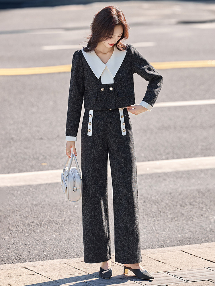 现货法式小香风翻领套装女2025年春秋新款气质减龄阔腿裤两件套,女装套装/套裙,伊仟回