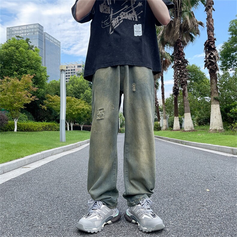 夏季破洞做旧牛仔裤男美式复古宽松直筒高街痞帅阔腿裤N06043-P42,男装牛仔裤,星座308B-2