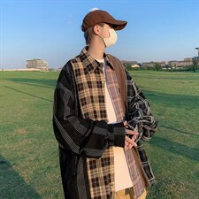 格子衬衫男长袖秋季痞帅炸街外套高级感日系拼接衬衣潮CS311-p46，男装衬衫，星座1008-2
