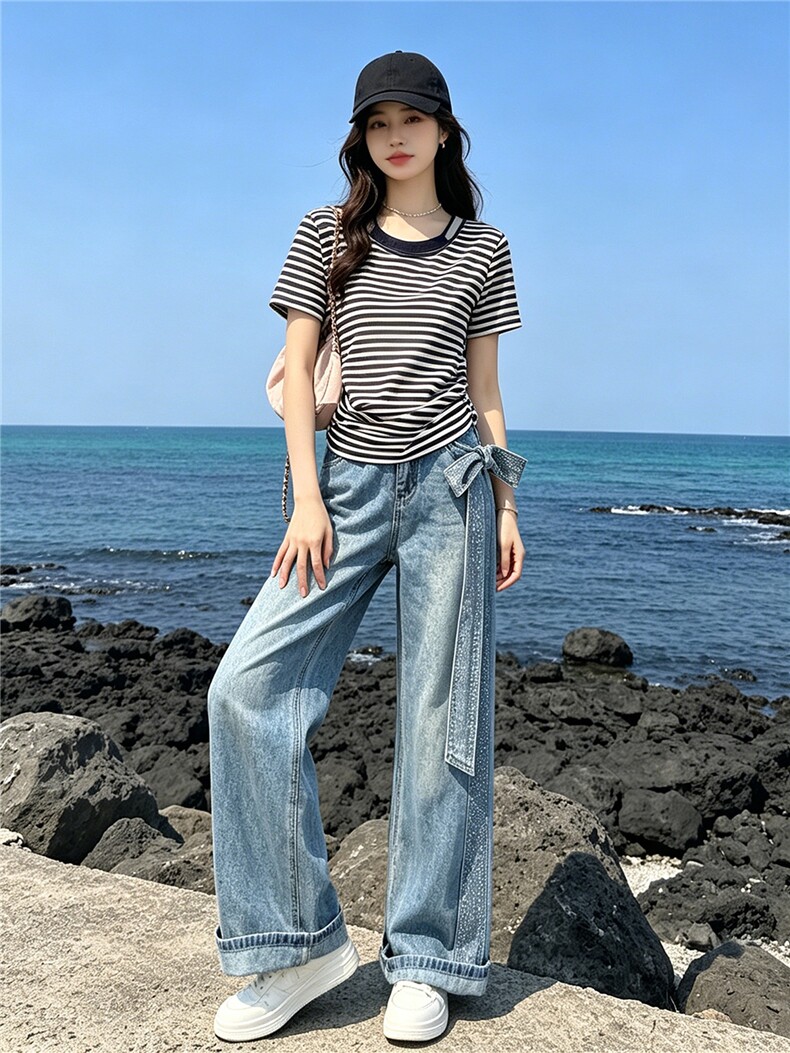 慵懒风时尚休闲套装女夏季新款圆领条纹短袖上衣烫钻牛仔裤两件套,女装套装/套裙,江南