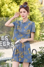 牛仔短裤套装女2025夏新款超火高级感新中式国风独特漂亮精致穿搭，女装套装/套裙，韩宇舍