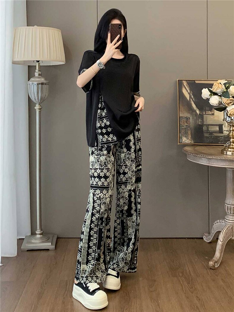 时尚减龄套装女夏季新款宽松显瘦圆领印花侧边拉链短袖长裤两件套,女装套装/套裙,江南