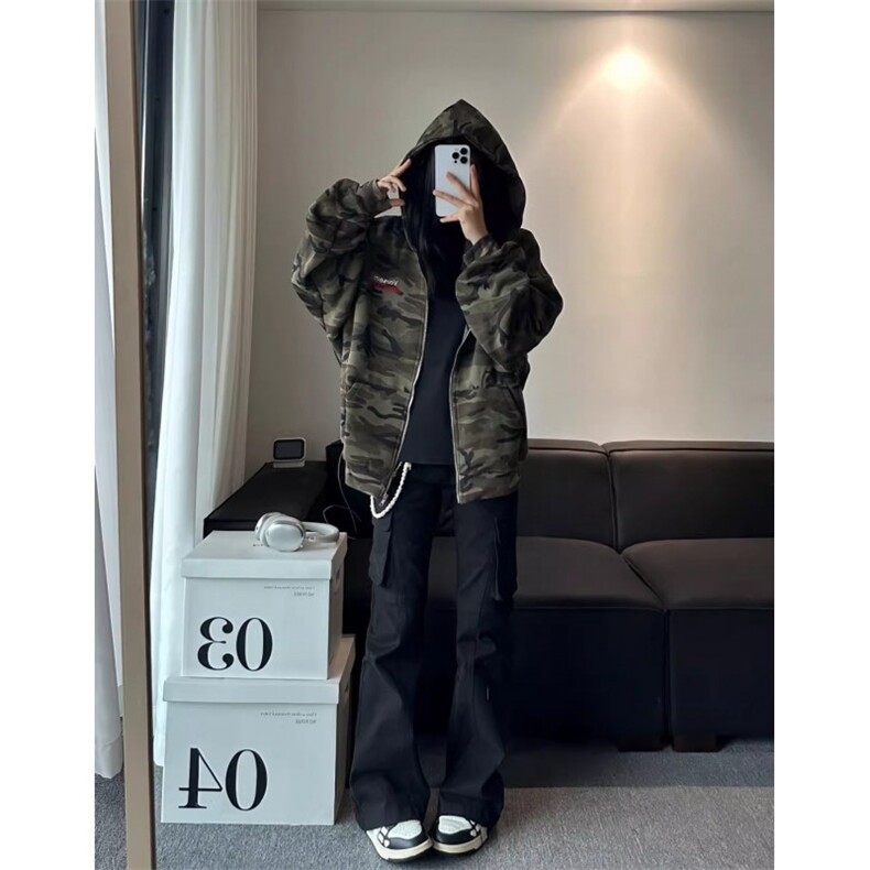 美式高街迷彩卫衣女2025新款学院风字母刺绣潮牌情侣上衣,男装卫衣,四季星座505