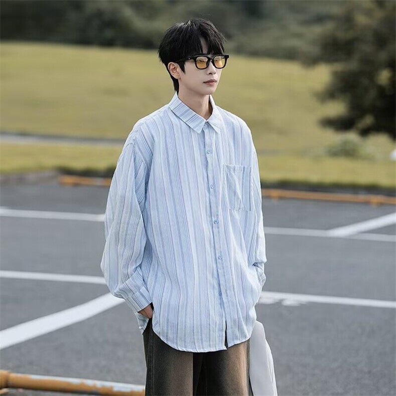 蓝色条纹衬衣外套男女春秋季美式宽松休闲慵懒风帅衬衫CY1067-P41,男装衬衫,星座412-2