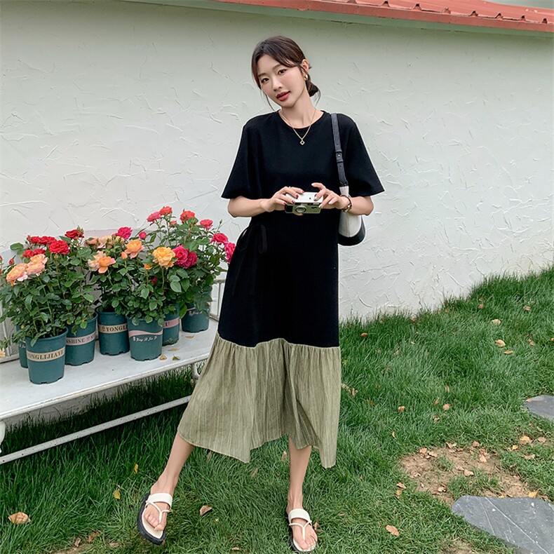 撞色拼接T恤连衣裙女2025年夏季新款高级感宽松气质显瘦过膝长裙,女装连衣裙,维壹