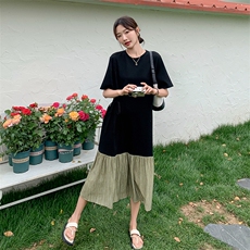 撞色拼接T恤连衣裙女2025年夏季新款高级感宽松气质显瘦过膝长裙，女装连衣裙，维壹