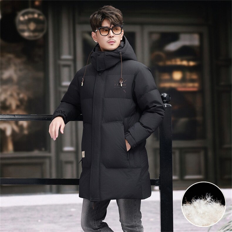 现货90白鸭绒长款羽绒服外套中年男装加厚可脱卸帽子羽绒服夹大衣图片