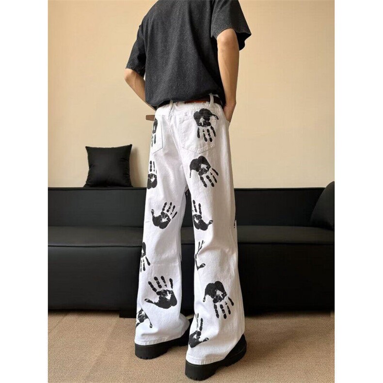 白色美式裤子高街手掌印裤子牛仔裤男女潮牌炸街长裤潮RK2781-P51,男装牛仔裤,星座412-3