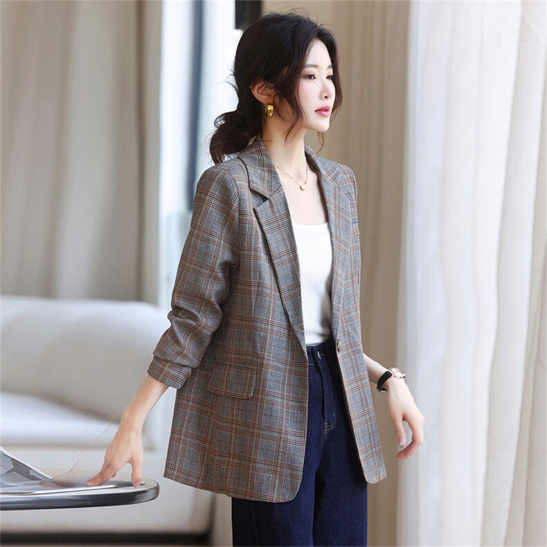 【现货】千鸟格西装女外套2025年新款早秋气质小个子格子春秋西服,女装西装,鑫源服饰