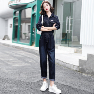 连体裤女2025春秋时尚简约收腰显瘦休闲炸街百搭衬衫领工装连衣裤,女装套装/套裙,E百度