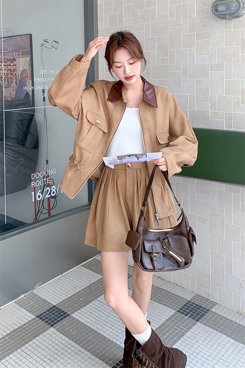 秋季新品复古翻领可收腰夹克短裤两件套2C285-2856-P185-K278,女装套装/套裙,2C285