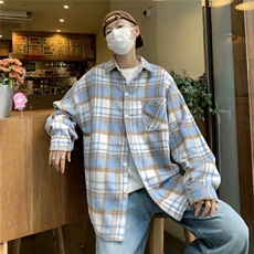小香风法兰绒格子外套男秋季美式复古情侣翻领格纹长袖衬衫式夹克，男装衬衫，星座412-3