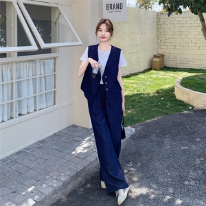 时尚休闲三件套女装2025年夏季新款洋气质开衫短袖马甲阔腿裤套装图片