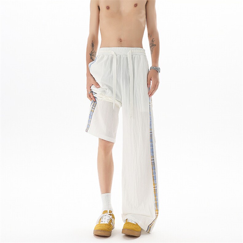 D206-1K9141P558XL-M拖地冰丝阔腿裤拼接山本裤男慵懒时尚格子裤，男装休闲裤，电商D206-1