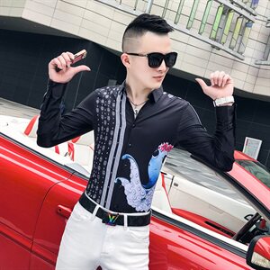 2021春秋衬衫社会男长袖上衣印花男装韩版修身四季潮流衬衣Q631-P55图片