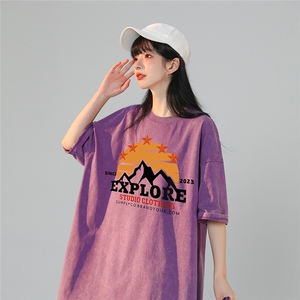 230G 水洗做旧蜡染夏季短袖潮流雪山印花T恤2024新款夏装 女装图片