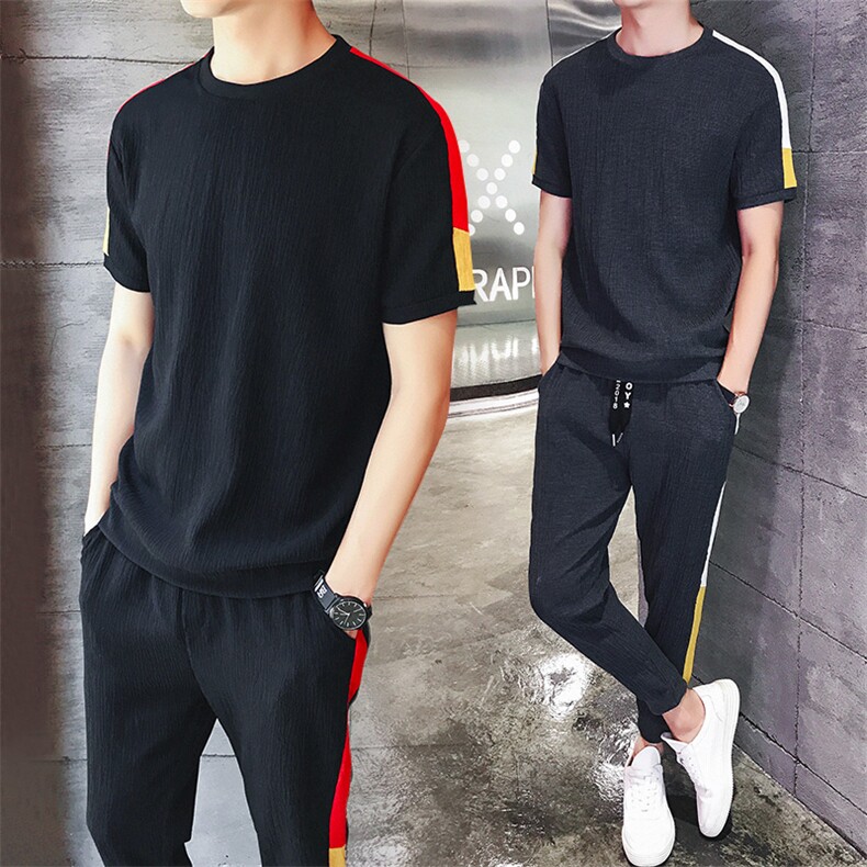 2021新款夏季男士短袖t恤帅气衣服九分裤套装潮流两件DS140TP65，男装T恤，电商A102