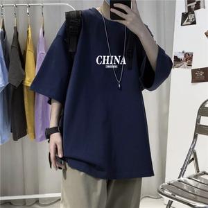 T66男士休闲宽松五分短袖字母印花潮学生文艺T夏新半截袖TEE男装