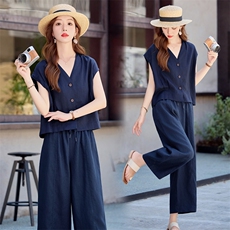 2026夏季新款休闲时尚天丝亚麻无袖v领衬衫两件套休闲直筒裤套装，女装衬衫，梦懿尔