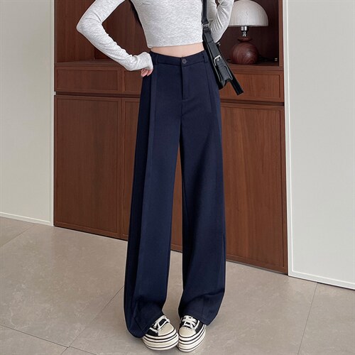 春款小众设计窄版直筒裤宽松显瘦侧拼接防牛仔拖地西装裤女，女装休闲裤，云美莎专业女裤-全店现货
