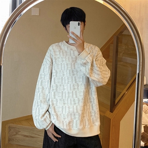 杏色圆领卫衣男生秋季格纹设计感长袖T恤复古宽松大码休闲上衣服图片