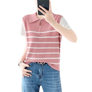 设计感小众撞色翻领假两件套短袖t恤上衣夏季冰丝针织衫时尚小衫图片