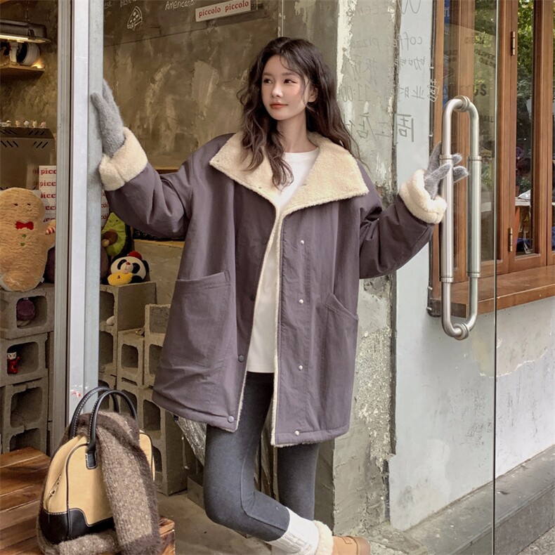 暗紫色羊羔毛外套派克服女冬季小个子中长款棉衣棉袄,女装棉衣/棉服,2C120