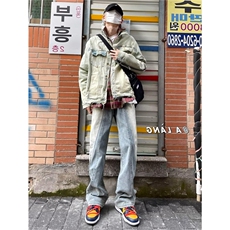 高街解构拼接牛仔裤直筒阔腿美式复古休闲长裤513ACK2701P45，男装牛仔裤，星座513A