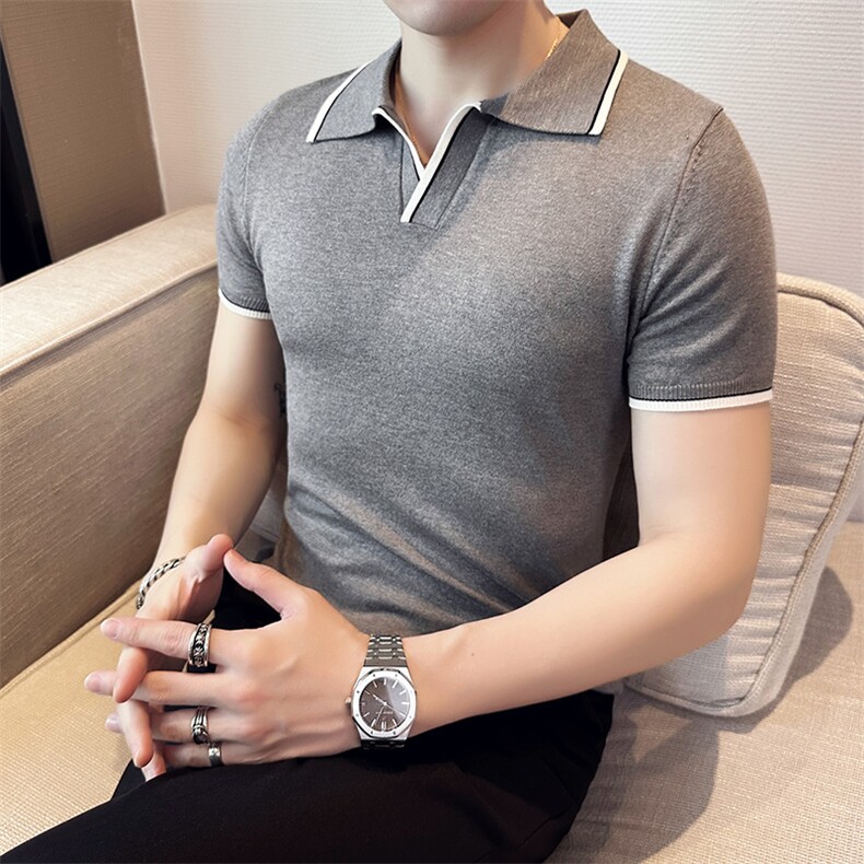 2024秋季新款修身翻领纯色针织衫毛衣打底POLO衫男M23-p45图片