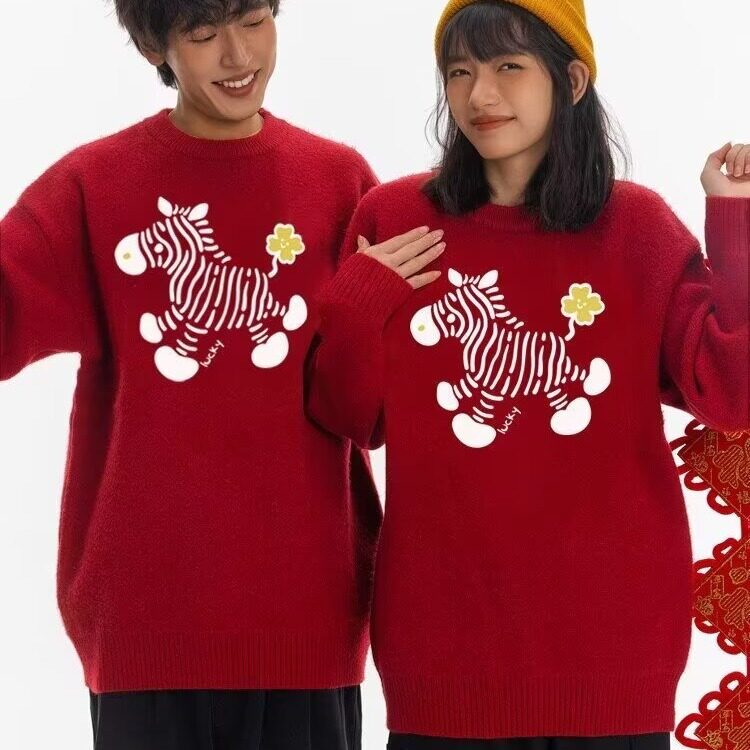 毛衣男女款圆领套头针织上衣慵懒感美式毛衣2026年春秋卡通毛衣图片