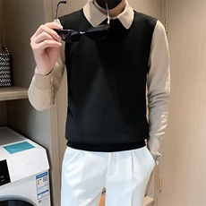 长袖翻领青少年休闲秋季假两件衬衫领毛衣男套头春季修身S575/P52，男装针织衫/毛衣，星座506