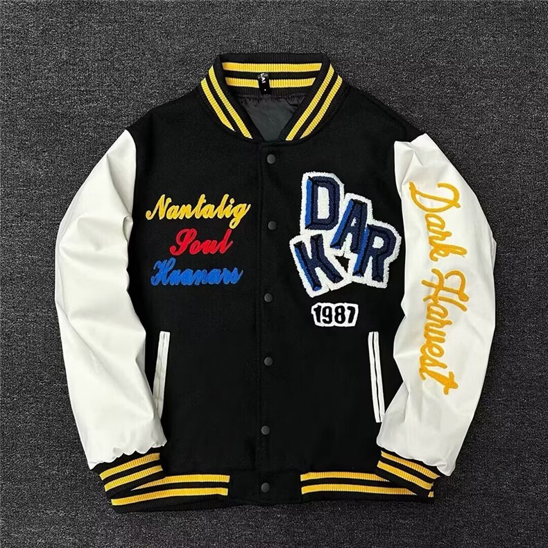 刺绣棒球服外套男春季新款潮牌宽松PU皮拼接翻领夹克GA163P75，男装夹克，星座1013-5