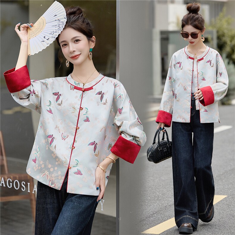 2025秋季新款新中式风宋锦金线提花盘扣外套女立领撞色，女装短外套，众宇琦