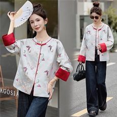 2025秋季新款新中式风宋锦金线提花盘扣外套女立领撞色，女装短外套，众宇琦