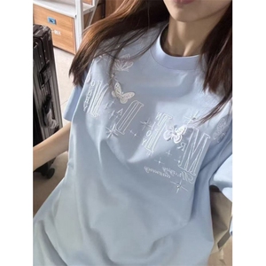 蝴蝶字母刺绣纯棉夏季2025新款美式宽松百搭潮牌短袖T恤女上衣服图片