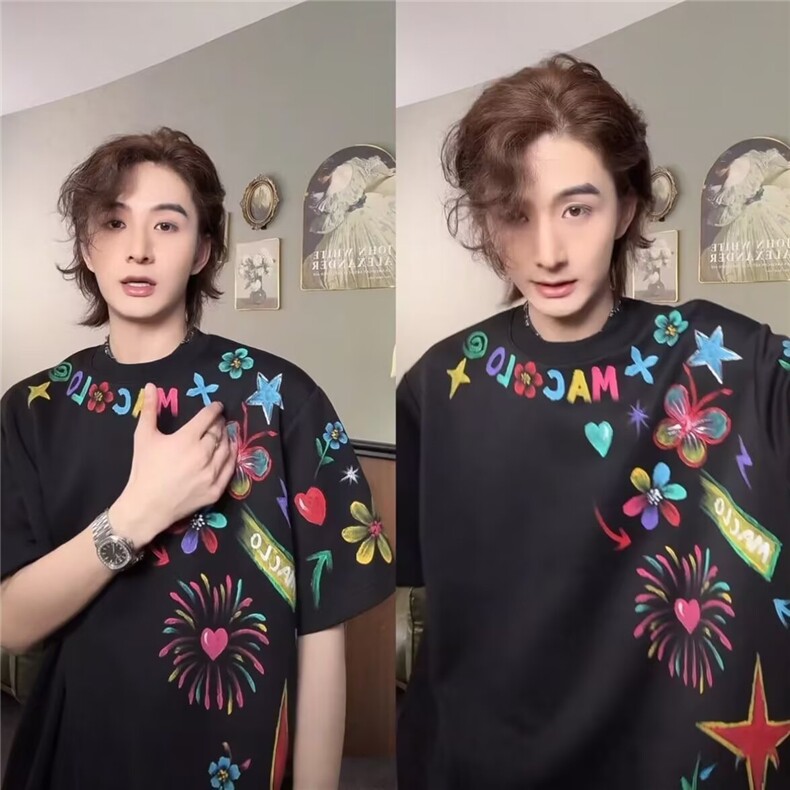 夏季手绘涂鸦印花小众设计T恤男美式圆领潮牌情侣短袖重磅五分袖,男装T恤,星座1210-1